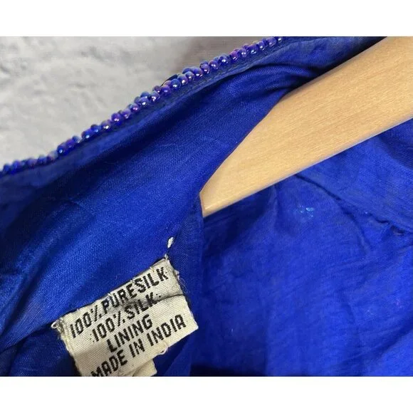 SCARLET RAGE Women's Vintage Blue Sequin Silk High Neck Sheath Dress Large - Picture 5 of 8